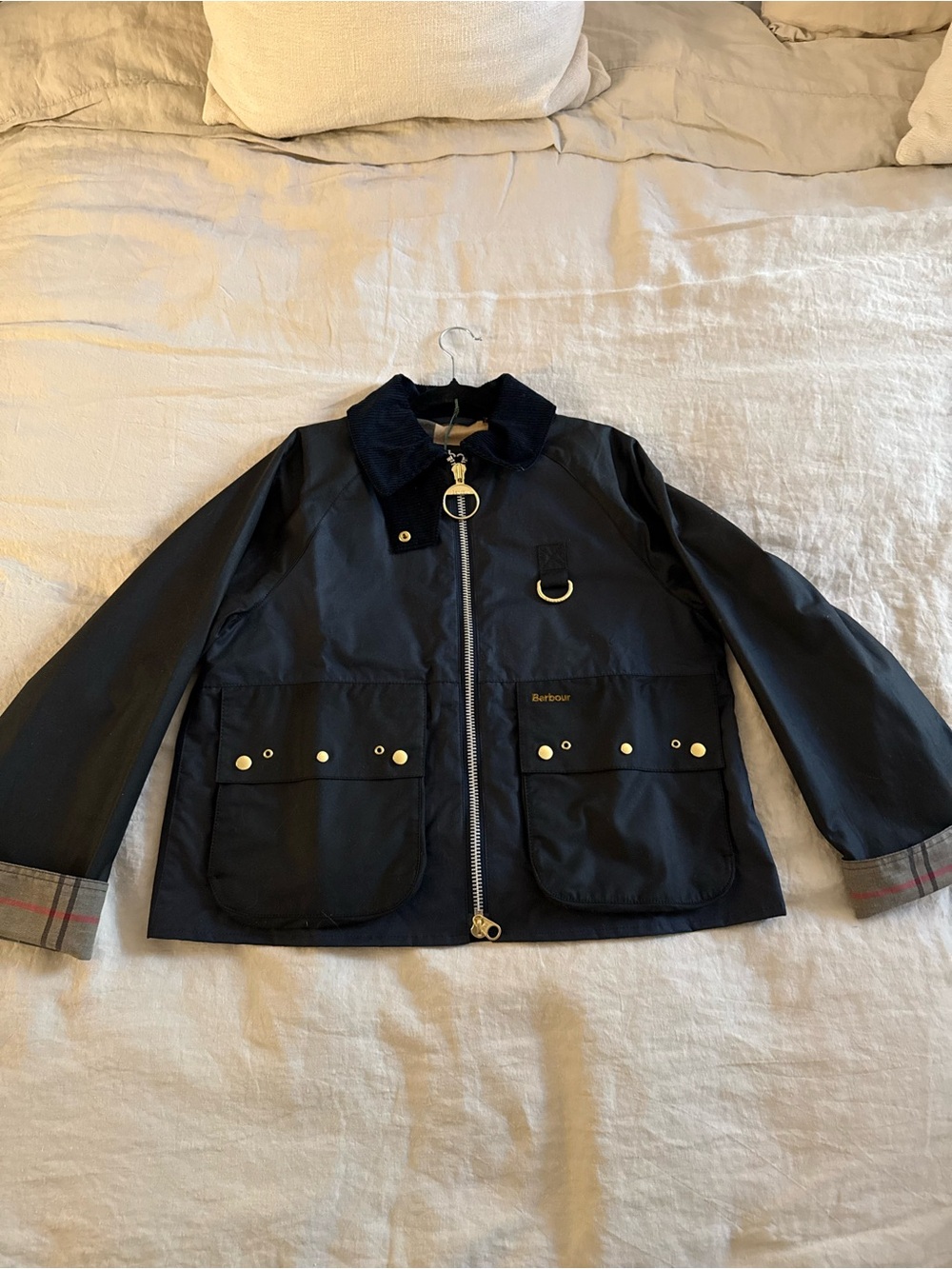 BARBOUR Kearton Waxed Jacket Women's Royal Navy Black Dress Tartan Size 6 NWT